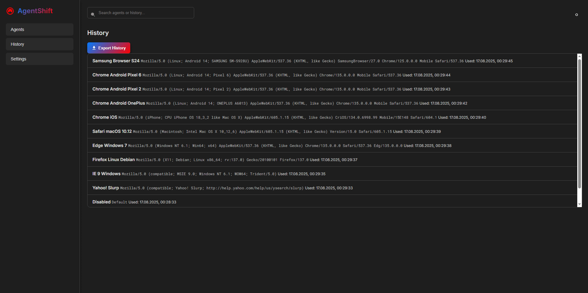 AgentShift v3.0 history view showing logged User-Agent changes with timestamps