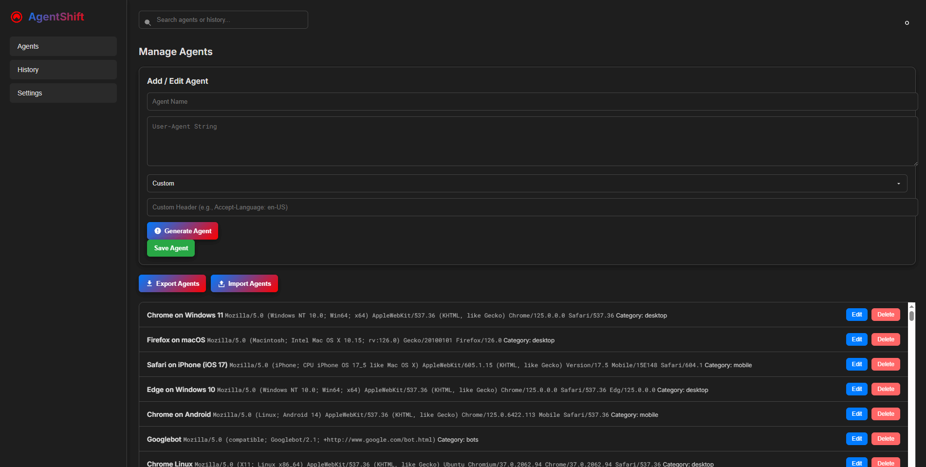 AgentShift v3.0 settings page with custom User-Agent management and template generator